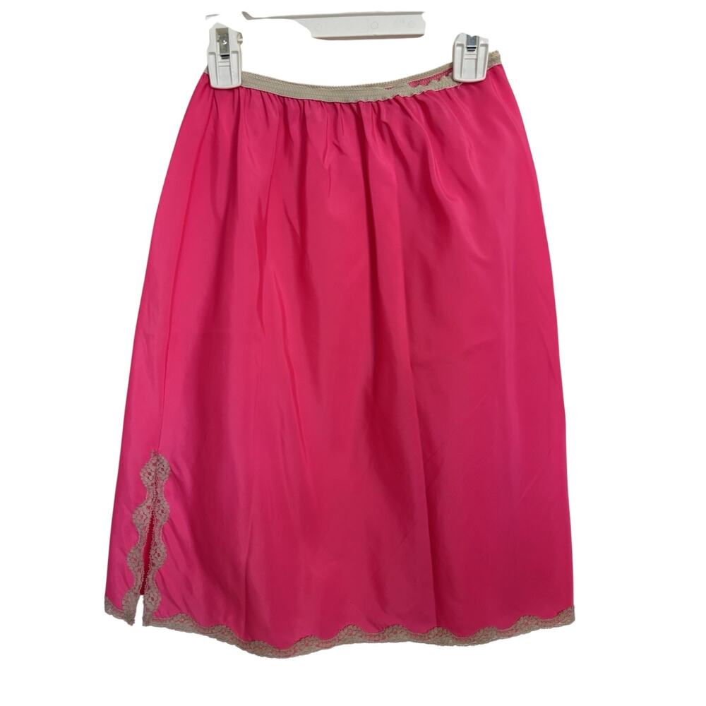 VTG 60s Mistee Hot Pink Nylon Blend Slip Skirt Lace Detail Slit Size Small USA
